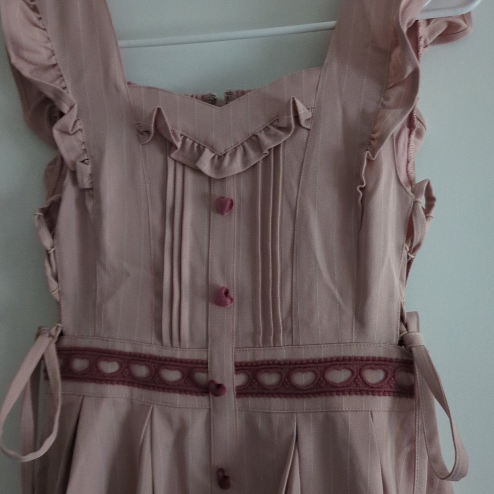 Lizlisa Japanese Cute Pink Dress with Ruffle Lace Tie Velvet Heart Button Accent - Picture 5 of 8